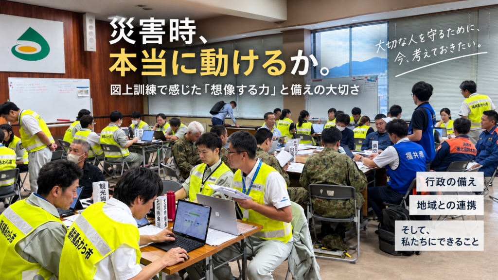 あわら市の災害対応図上訓練で、職員や関係機関が連携しながら対応を確認している様子